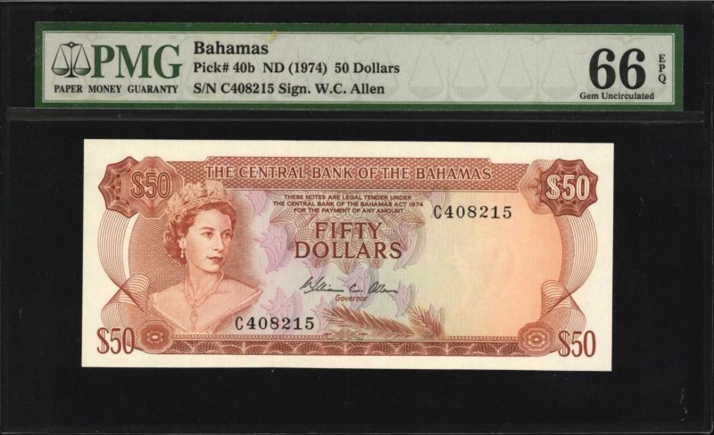 BAHAMAS. Central Bank. 50 Dollars, ND (1974). P-40b. PMG Gem Uncirculated 66 EPQ...