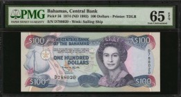 BAHAMAS. Central Bank. 100 Dollars, 1974 ( ND 1992). P-56. PMG Gem Uncirculated 65 EPQ.
Printed by TDLR. Watermark of sailing ship at right. A bright...