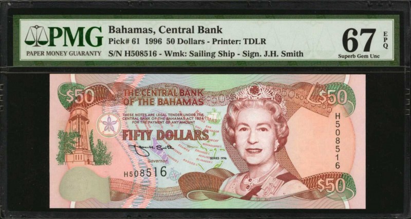 BAHAMAS. Central Bank. 50 Dollars, 1996. P-61. PMG Superb Gem Uncirculated 67 EP...