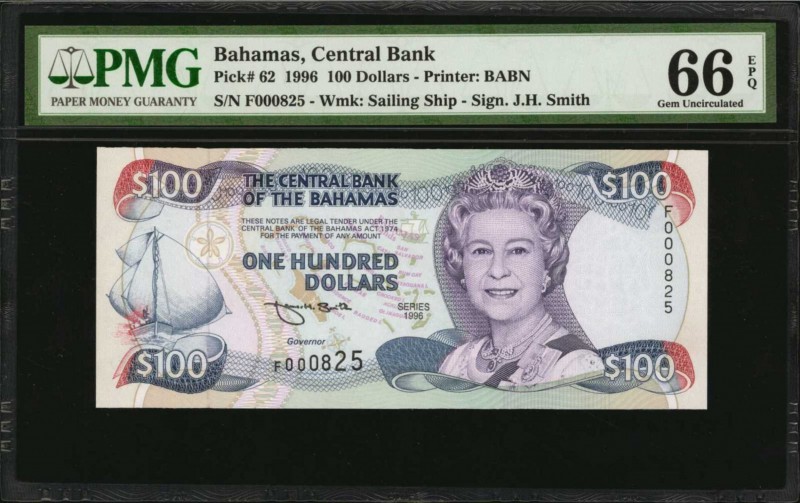 BAHAMAS. Central Bank. 100 Dollars, 1996. P-62. Low Serial Number. PMG Gem Uncir...