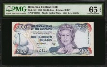 BAHAMAS. Central Bank. 100 Dollars, 1996. P-62. Low Serial Number. PMG Gem Uncirculated 65 EPQ.
Printed by BABN. Low serial number of "F000828." Vivi...