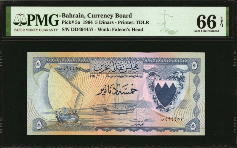 BAHRAIN. Currency Board. 5 Dinars, 1964. P-5a. PMG Gem Uncirculated 66 EPQ.
An ...