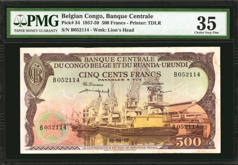 BELGIAN CONGO. Banque Centrale. 500 Francs, 1957-59. P-34. PMG Choice Very Fine ...