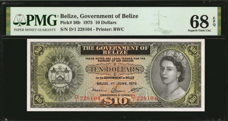 BELIZE. Government of Belize. 10 Dollars, 1975. P-36b. PMG Superb Gem Uncirculat...