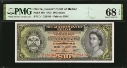 BELIZE. Government of Belize. 10 Dollars, 1975. P-36b. PMG Superb Gem Uncirculated 68 EPQ.
One of the more popular QEII design types with this 1975 d...