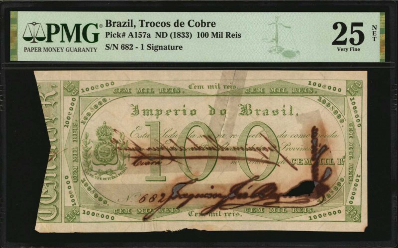 BRAZIL. Trocos de Cobre. 100 Mil Reis, ND (1833). P-A157a. PMG Very Fine 25 Net....