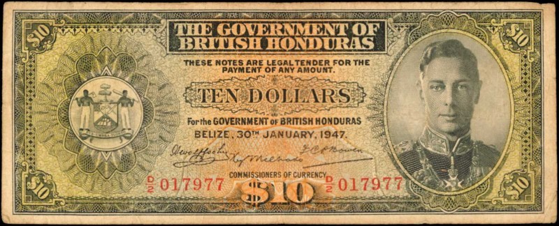 BRITISH HONDURAS. Government of British Honduras. 10 Dollars, 1947. P-27a. Fine....