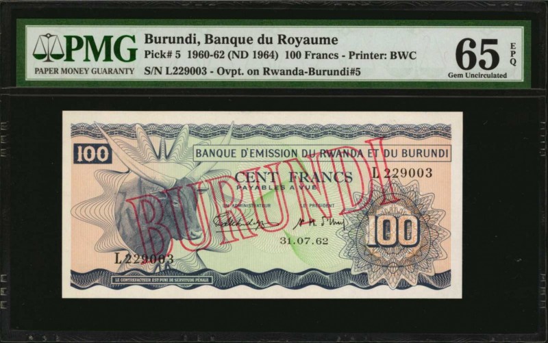 BURUNDI. Banque du Royaume. 100 Francs, 1960-62 (ND 1964). P-5. PMG Gem Uncircul...