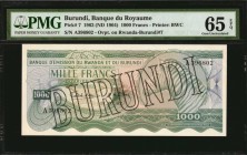 BURUNDI. Banque du Royaume. 1000 Francs, 1962 ND (1964). P-7. PMG Gem Uncirculated 65 EPQ.
Printed by BWC. Overprint on Rwanda-Burundi P-7. This "Zeb...