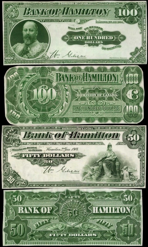 CANADA. Bank of Hamilton. 5 to 100 Dollars, 1904. CH #345-18-02p to 345-18-10p. ...