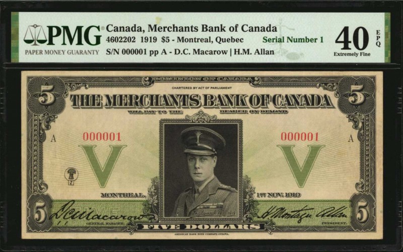 CANADA. Merchants Bank of Canada. 5, 1919. CH #460-22-02. Serial Number 1. PMG E...