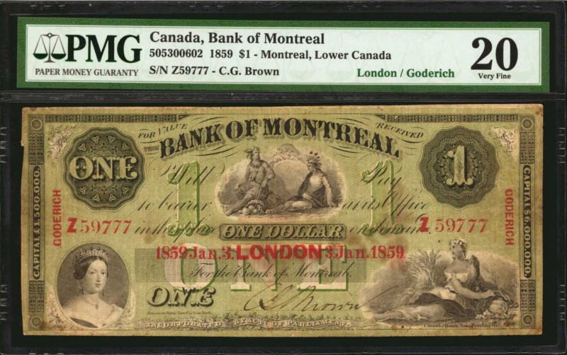 CANADA. Bank of Montreal. 1 Dollar, 1859. CH #505-30-06-02. PMG Very Fine 20.
L...