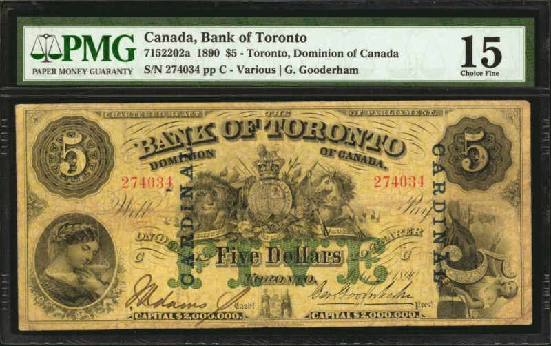 CANADA. Bank of Toronto. 5 Dollars, 1890. CH #715-22-02a. PMG Choice Fine 15.
T...