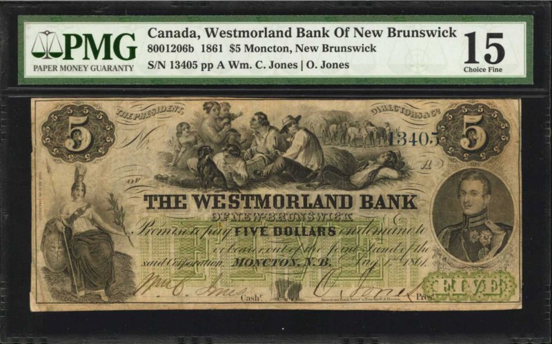 CANADA. Westmorland Bank of New Brunswick. 5 Dollars, 1861. CH #800-12-06b. PMG ...