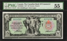 CANADA. Canadian Bank of Commerce. 5 Dollars, 1917. CH #75-16-04-06a. PMG About Uncirculated 55.
A CBOC 5 Dollar with the Aird Logan signature combin...
