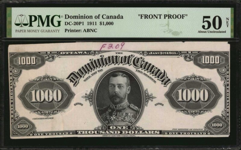 CANADA. Dominion of Canada. 1000 Dollars, 1911. DC-20P1 & P2. Front & Back Proof...