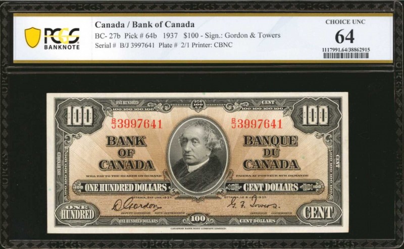 CANADA. Bank of Canada. 100 Dollars, 1937. BC-27b. PCGS Banknote Choice Uncircul...