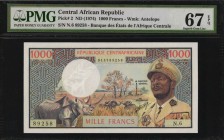 CENTRAL AFRICAN REPUBLIC. Banque des Etats de l'Afrique Centrale. 1000 Francs, ND (1974). P-2. PMG Superb Gem Uncirculated 67 EPQ.
Extreme high origi...