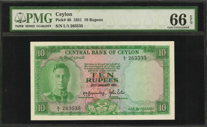 CEYLON. Central Bank of Ceylon. 10 Rupees, 1951. P-48. PMG Gem Uncirculated 66 E...