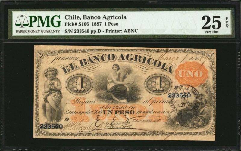 CHILE. Banco Agricola. 1 Peso, 1887. P-S106. PMG Very Fine 25 EPQ.
Printed by A...