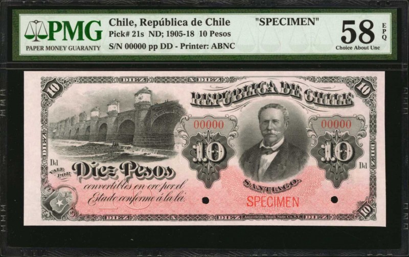 CHILE. Republica de Chile. 10 Pesos, ND (1905-18). P-21s. Specimen. PMG Choice A...