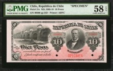CHILE. Republica de Chile. 10 Pesos, ND (1905-18). P-21s. Specimen. PMG Choice About Uncirculated 58 EPQ.
Printed by ABNC. Red specimen overprint wit...