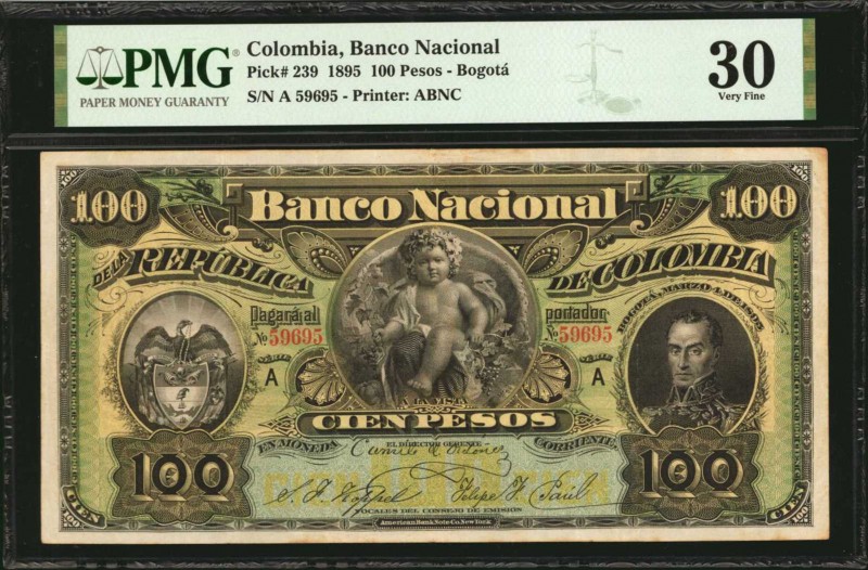 COLOMBIA. Banco Nacional. 100 Pesos, 1895. P-239. PMG Very Fine 30.
Bogota. The...