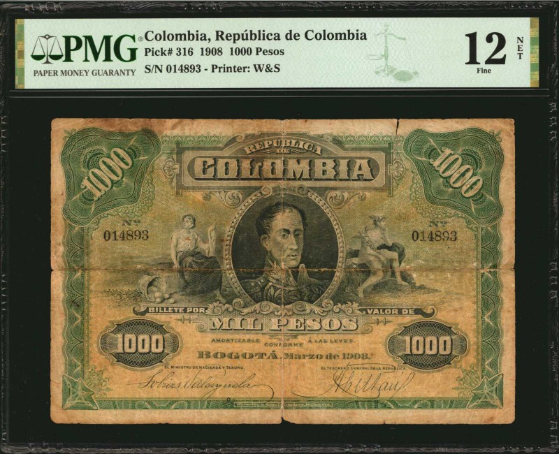 COLOMBIA. Republica de Colombia. 1000 Pesos, 1908. P-316. PMG Fine 12 Net. Sever...