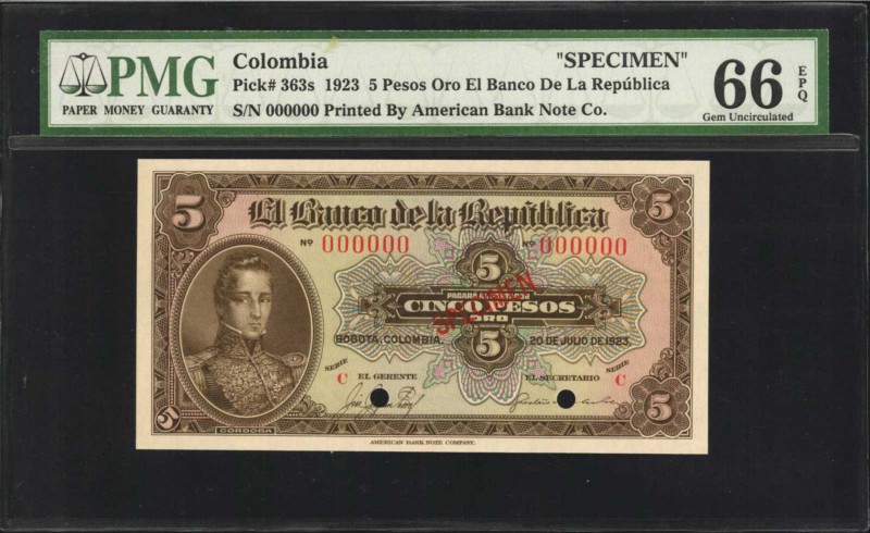 COLOMBIA. El Banco de la Republica. 5 Pesos Oro, 1823. P-363s. Specimen. PMG Gem...