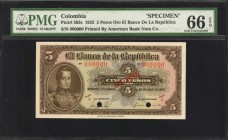 COLOMBIA. El Banco de la Republica. 5 Pesos Oro, 1823. P-363s. Specimen. PMG Gem Uncirculated 66 EPQ.
Printed by ABNC. Red specimen overprint and ser...