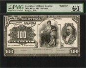 COLOMBIA. El Banco Central. 100 Pesos, 1907. P-S372fp. Proof. PMG Choice Uncirculated 64.
Printed by ABNC. This nearly-Gem 100 Pesos note displays wo...