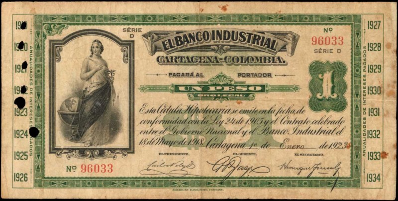 COLOMBIA. Banco Industrial Cartagena. 1 Peso, 1923. P-S551. Very Fine.
Punch ca...