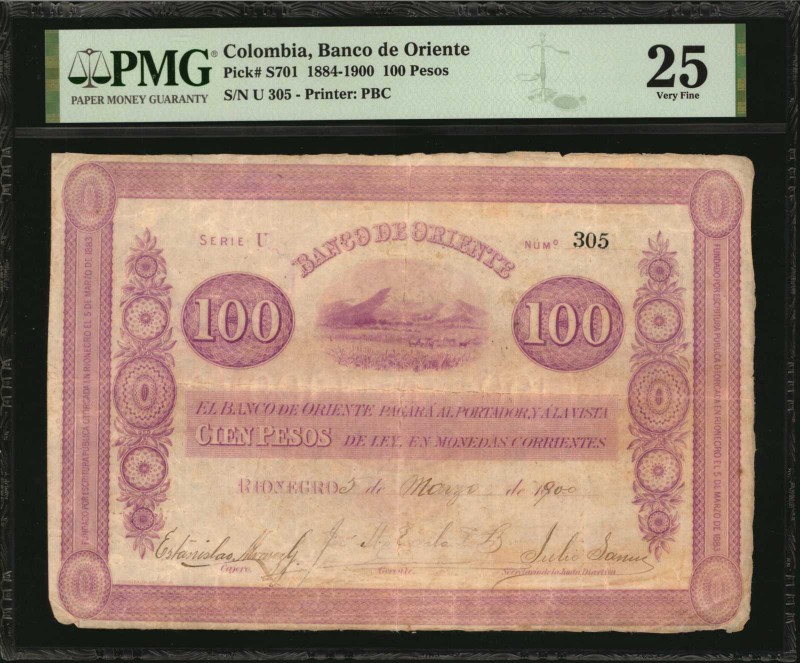 COLOMBIA. Banco de Oriente. 100 Pesos, 1884-1900. P-S701. PMG Very Fine 25.
Pri...