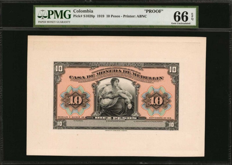 COLOMBIA. Republica de Colombia. 10 Pesos, 1919. P-S1028p. Front & Back Proofs. ...