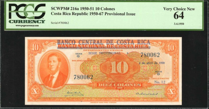 COSTA RICA. Banco Central de Costa Rica. 10 Colones, 1950-51. P-216a. PCGS Curre...
