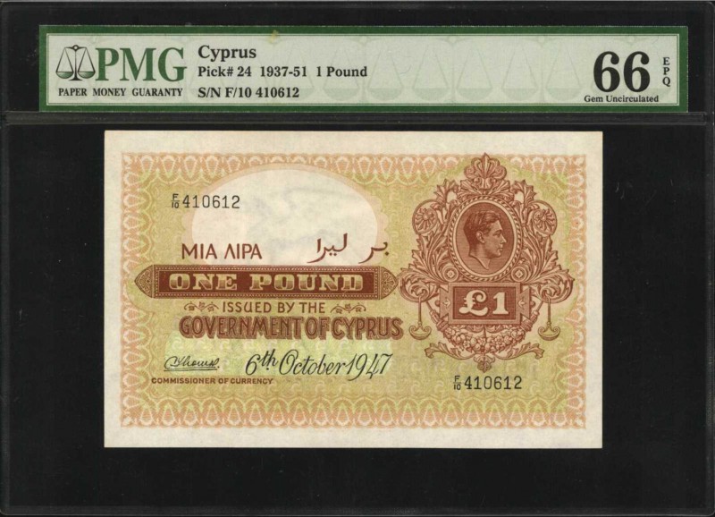 CYPRUS. Government of Cyprus. 1 Pound, 1937-51. P-24. PMG Gem Uncirculated 66 EP...