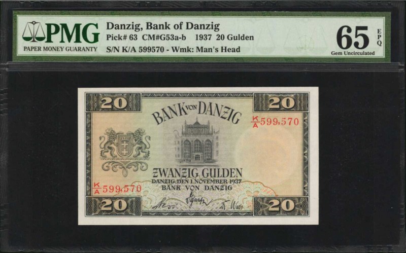 DANZIG. Bank of Danzig. 20 Gulden, 1937. P-63. PMG Gem Uncirculated 65 EPQ.
A b...