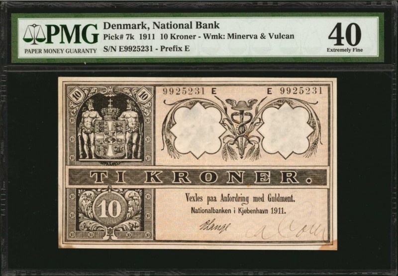 DENMARK. National Bank. 10 Kroner, 1911. P-7k. PMG Extremely Fine 40.
Excellent...