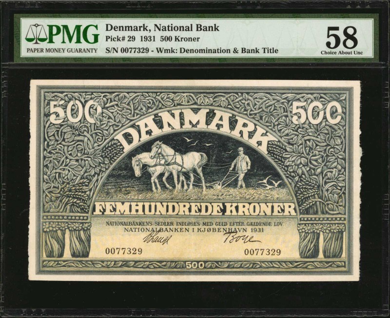 DENMARK. National Bank. 500 Kroner, 1931. P-29. PMG Choice About Uncirculated 58...