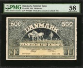 DENMARK. National Bank. 500 Kroner, 1931. P-29. PMG Choice About Uncirculated 58.
A rare note and the highest denomination of series, which bears a s...