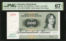 DENMARK. National bank. 500 Kroner, 1972. P-52a. PMG Superb Gem Uncirculated 67 EPQ.
Watermark of J. Juel & 500. Serial number prefix A0-A1. Excellen...