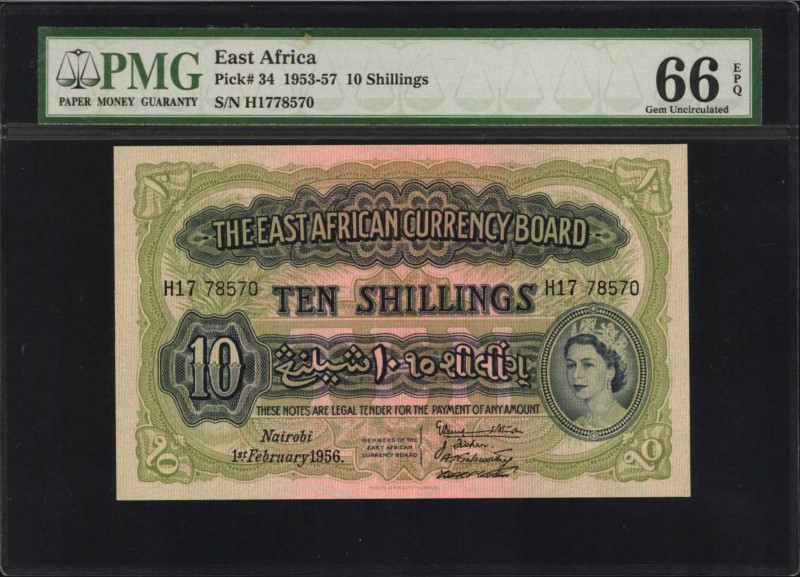 EAST AFRICA. East African Currency Board. 10 Shillings, 1953-57. P-34. PMG Gem U...