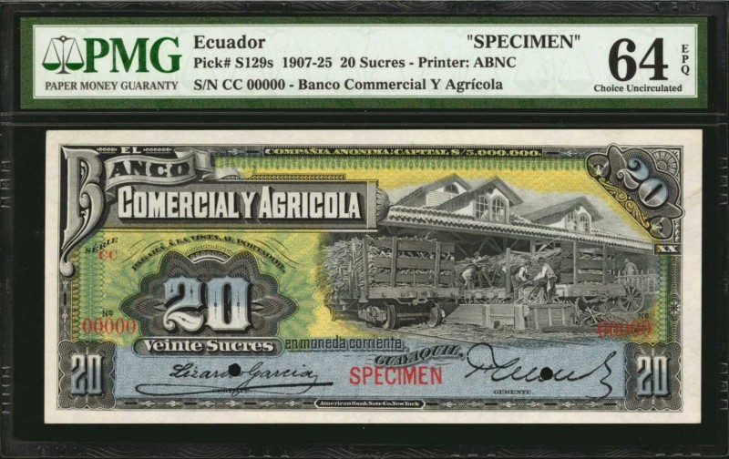 ECUADOR. Banco Commercial Y Agricola. 20 Sucres, 1907-25. P-S129s. Specimen. PMG...