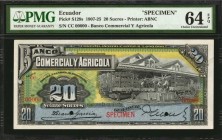 ECUADOR. Banco Commercial Y Agricola. 20 Sucres, 1907-25. P-S129s. Specimen. PMG Choice Uncirculated 64 EPQ.
Printed by ABNC. A multi colored design ...