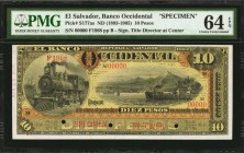 EL SALVADOR. Banco Occidental. 10, ND (1893-1905). P-S177as. Specimen. PMG Choice Uncirculated 64 EPQ.
Signature title of Director at center. A nearl...