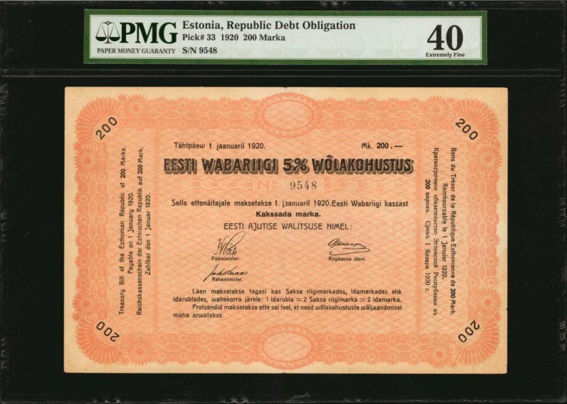 ESTONIA. Republic Debt Obligation. 200 Marka, 1920. P-33. PMG Extremely Fine 40....