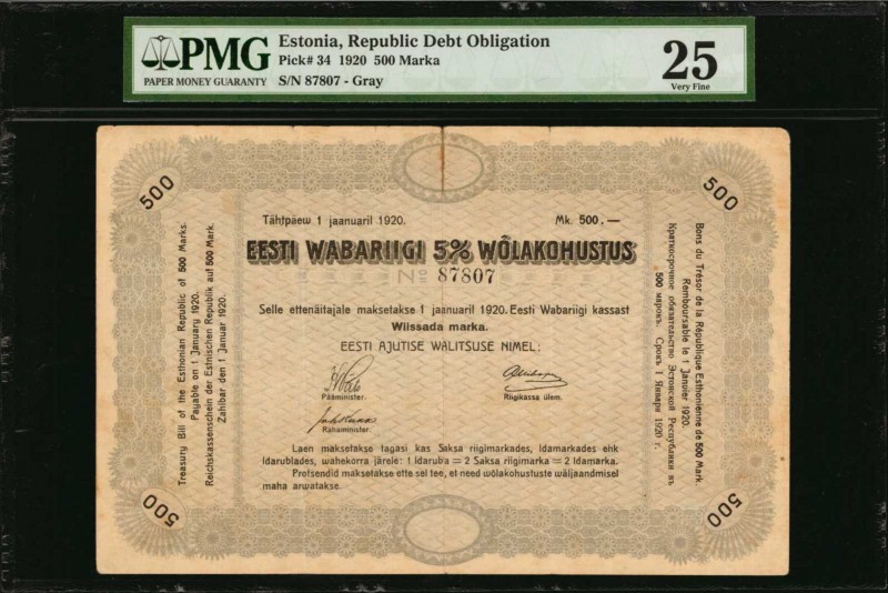 ESTONIA. Republic Debt Obligation. 500 Marka, 1920. P-34. PMG Very Fine 25.
Gra...