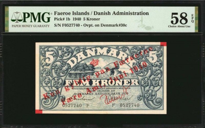 FAEROE ISLANDS. Danish Administration. 5 Kroner, 1940. P-1b. PMG Choice About Un...