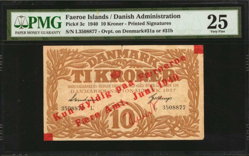 FAEROE ISLANDS. Danish Administration. 10 Kroner, 1940. P-3c. PMG Very Fine 25....