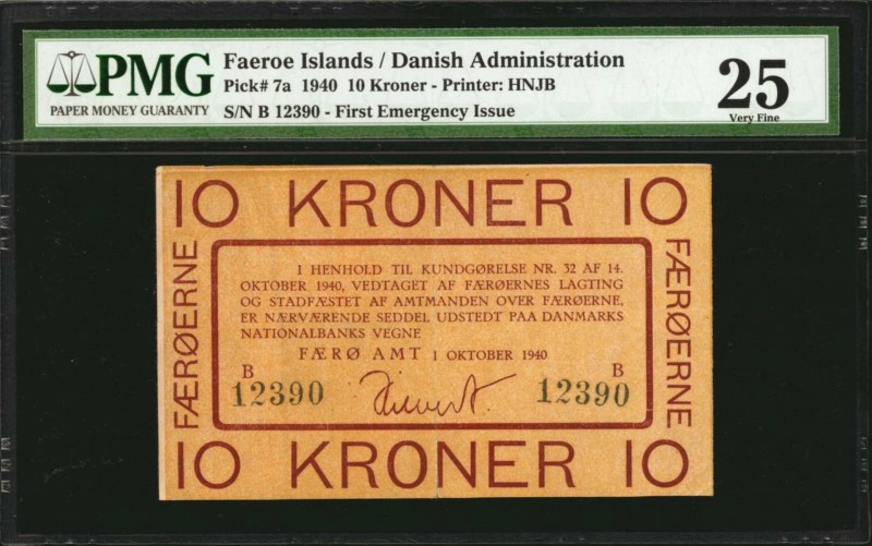 FAEROE ISLANDS. Danish Administration. 10 Kroner, 1940. P-7a. PMG Very Fine 25....